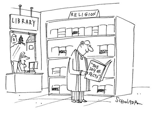 Priest reading 'The Joy of Sects'.