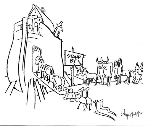 Mythical creatures on standby to enter Noah's ark.