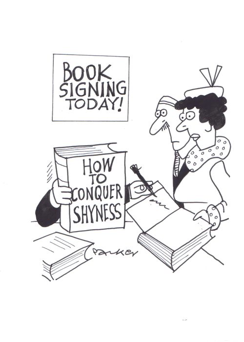 Shy author hiding while signing books.