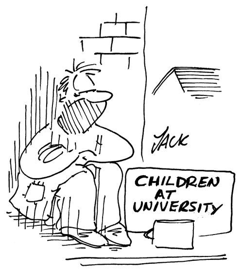 Beggar's sign: 'children at university.'