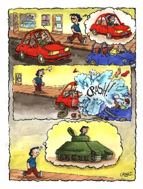 Man thinking it's safer driving a tank