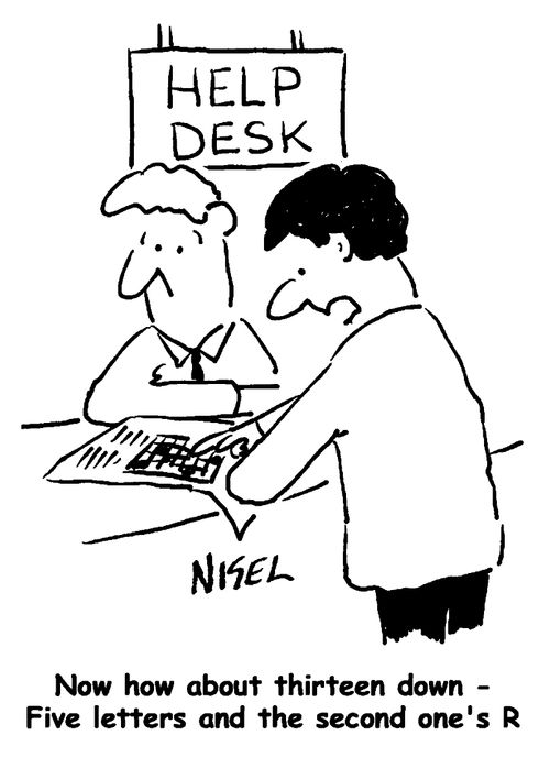 Man trying to get help with his crossword at a help desk