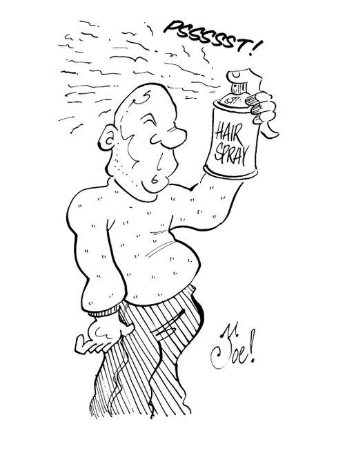 Bald man spraying his head with hairspray