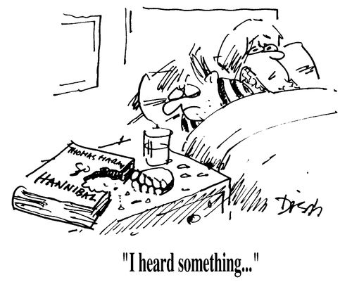 Wife reads 'Hannibal' before going to bed and says  "I heard something" to annoyed husband