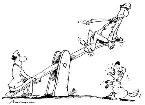 Man on see-saw troubled by dog