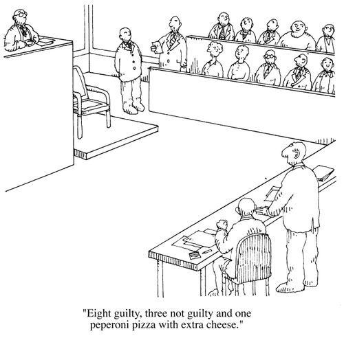 "8 guilty,3 not guilty and one peperoni pizza with extra cheese"