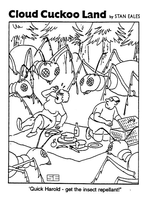 Cloud Cuckoo Land, Picnic invaded  by insects, "Quick Harold get the insect repellent"