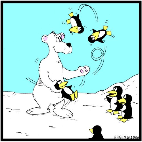 Polar bear juggling penguins.