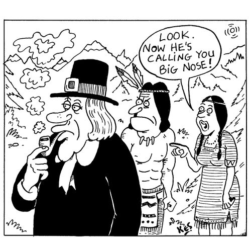 Pilgrim settler blows smoke signals from his pipe, which are insulting to an Indian brave.