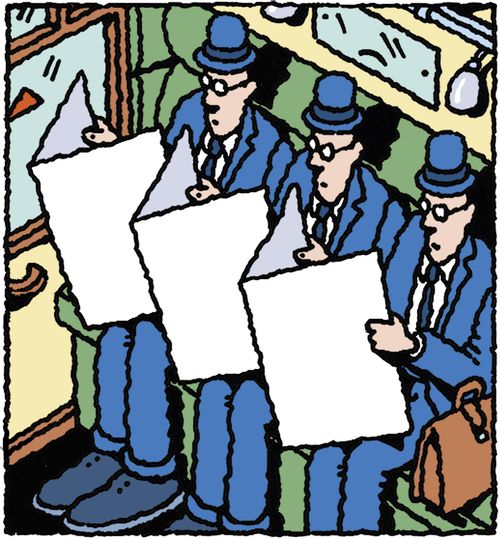 Commuters read the newspaper on train.