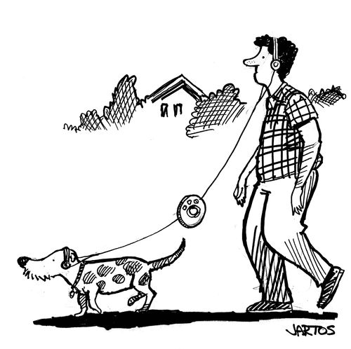 Man and Dog out for a walk, sharing music.