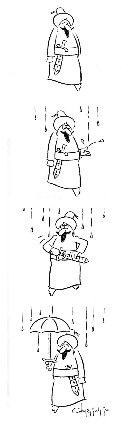 Man takes umbrella out of scabbard.