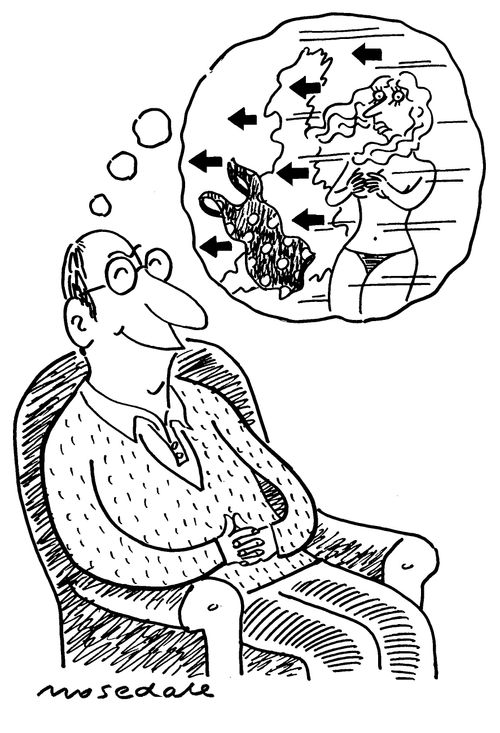 Man dreaming of TV weather girl having clothes blown off.
