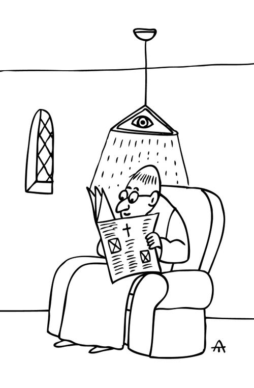 Mon is reading by the light of the eye of providence.