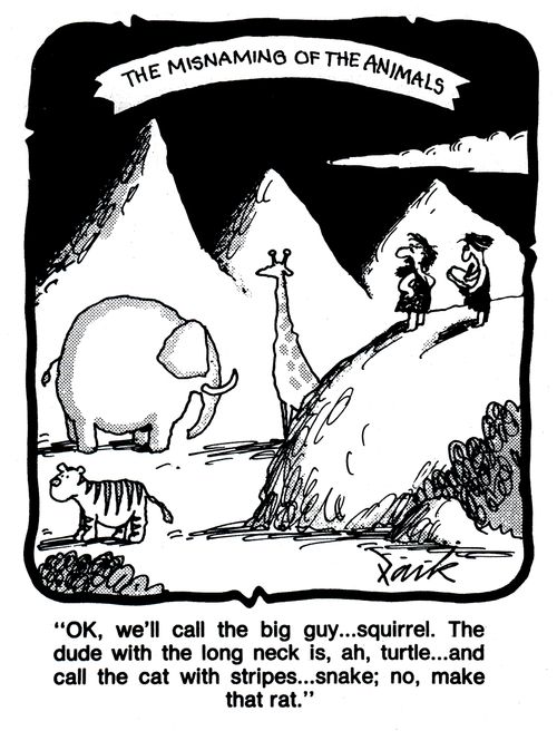 'OK, we'll call that big guy... squirrel. The dude with the long neck is, ah, turtle and call the cat with stripes... snake; no, make that rat.'