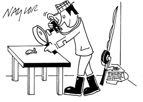 Man photographing fish through magnifying glass