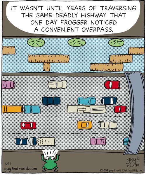 'It wasn't until years of traversing the same deadly highway that one day Frogger noticed a convenient overpass.'
