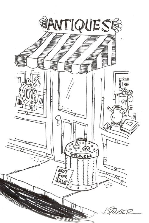 Antiques Store with a bin outside with a sign saying 'Not for Sale'.