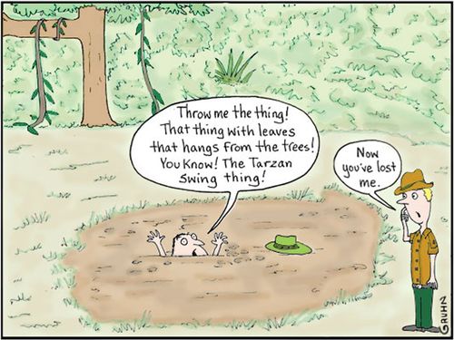 'Throw me the thing! That thing with leaves that hangs from the trees! You know! The Tarzan swing thing!'