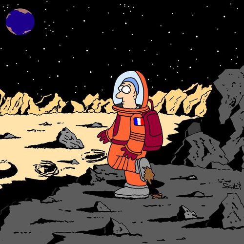 Astronaut steps in dog poop.