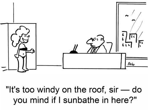 'It's too windy on the roof, sir -- do you mind if I sunbathe in here?'