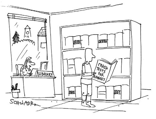 Book in library - 'Crash tests for dummies' (being read by a crash test dummy).