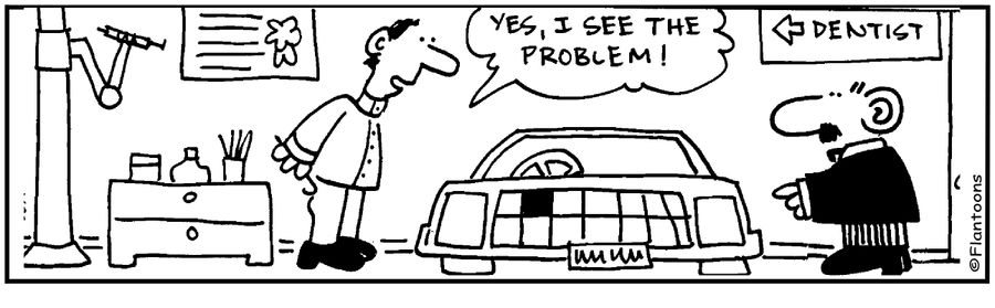 'I see the problem.' Car grill looks like teeth.