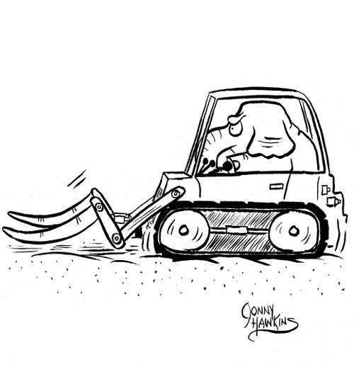 Elephant with front end loader using tusks.
