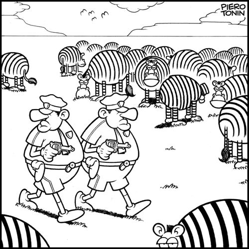 Two policemen are looking for an escaped convict hiding himself among zebras.
