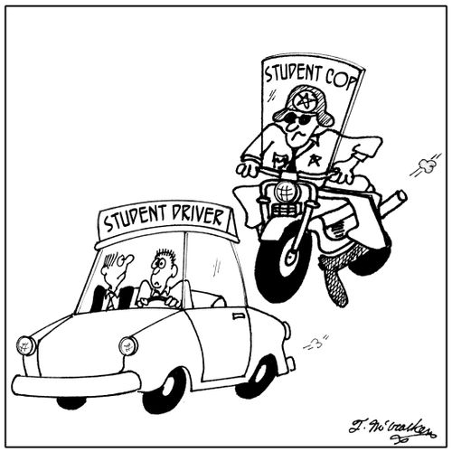 An officer on a motorcycle with 'Student Cop' sign chases a car with a 'Student Driver' sign.