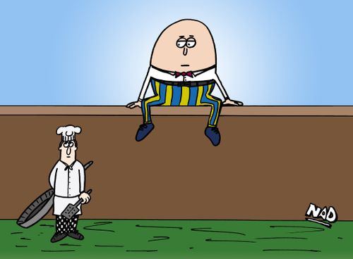 Humpty Dumpty sits on the wall and a chef with a large frying and a spatchella waits suspiciously below.