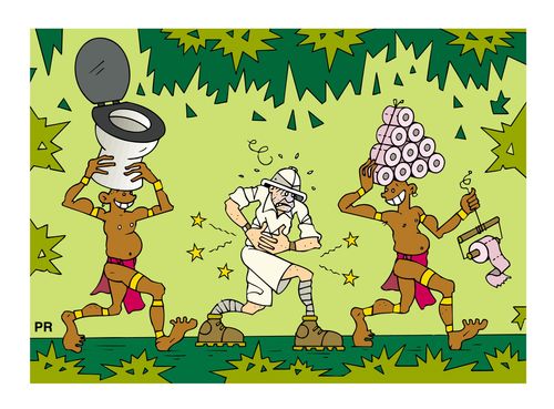 Explorer in jungle suffering from colic pain and laughing natives carrying toilet seat and toilet paper rolls.