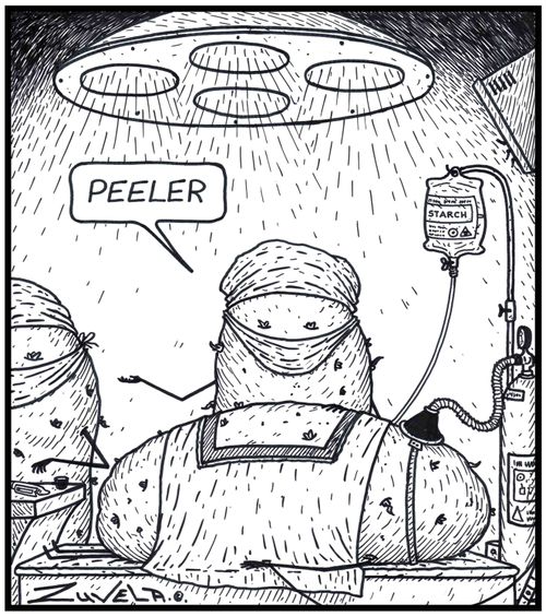 Potato Surgeon: 'Peeler' - A Potato Surgeon is asking his Nurse for a Potato peeler to start off his operation.
