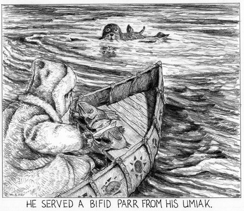 'He served a bifid parr from his umiak.'