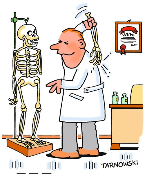 Doctor using a skeleton's arm to scratch his back.