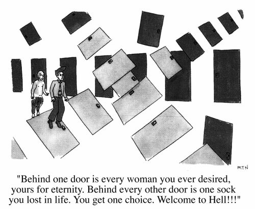 Behind one door is every woman you ever desired, yours for eternity. Behind every other door is one sock you lost in life. You get one choice. Welcome to Hell!!!