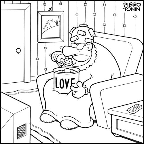 Overweight woman eating ice cream out of a huge cup reading the word 'LOVE'.