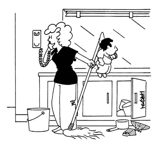 Housewife with her toddler hooked on the end of the mop.