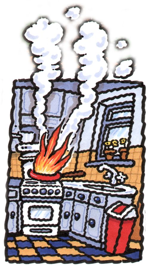 Kitchen with a chip pan fire.