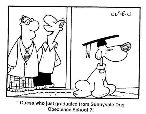 "Guess who just graduated from Sunnyvale Dog Obedience School?!"