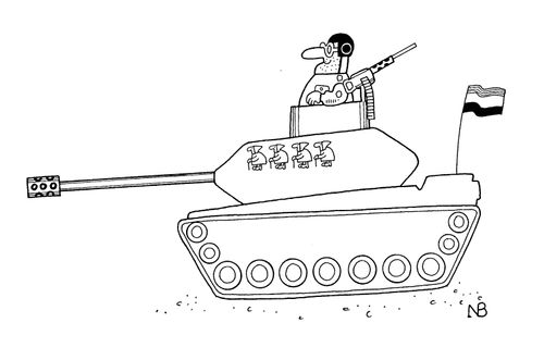 Man in a tank with several grannies painted on the side