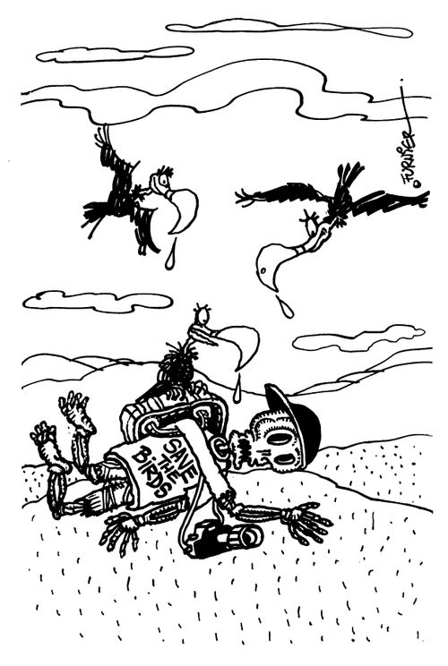 Vultures swoop on an t shirt wearing ecologists body "Save the birds"