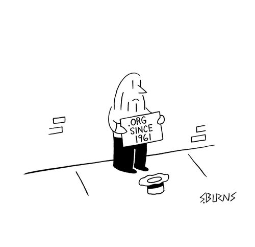 Beggar holds sign: '.Org since 1961'