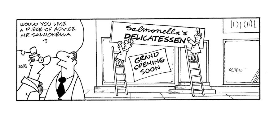 'Would you like a piece of advice, Mr Salmonella?' asks passer-by to gentleman opening a deli.