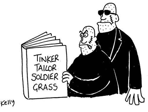 Criminals reading book entitled:'Tinker,tailor,soldier,grass'.