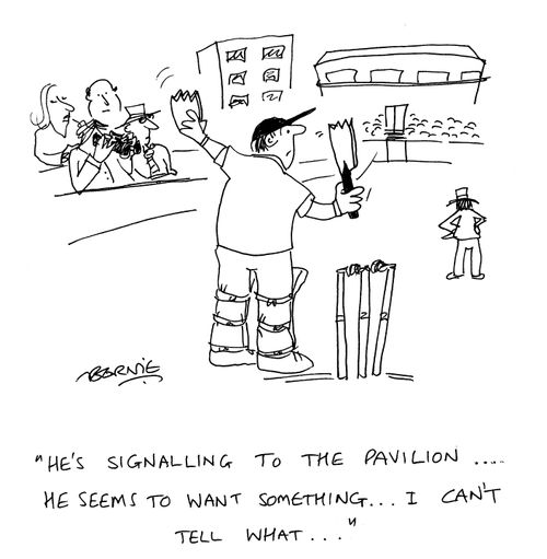 'He's signalling to the pavilion...He seems to want something...I can't tell what...'
