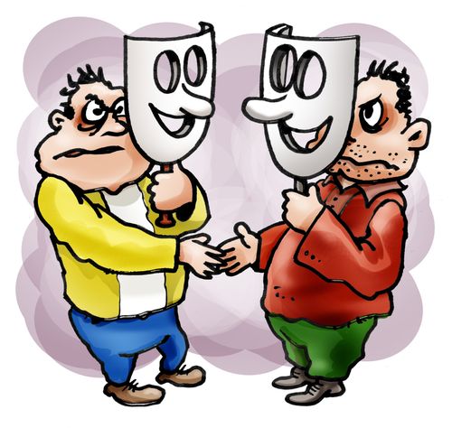 Happy masks, unhappy men shaking hands.