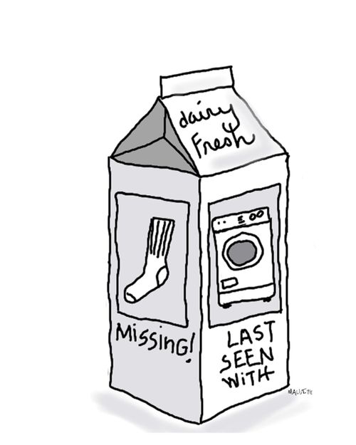 Missing sock announcement on a milk carton.