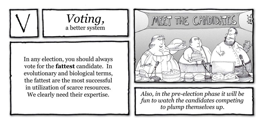 Voting, a better system: In any election, you should always vote for the fattest candidate. In evolutionary and biological terms, the fattest are the most successful in utilization of scarce resources. We clearly need their expertise.