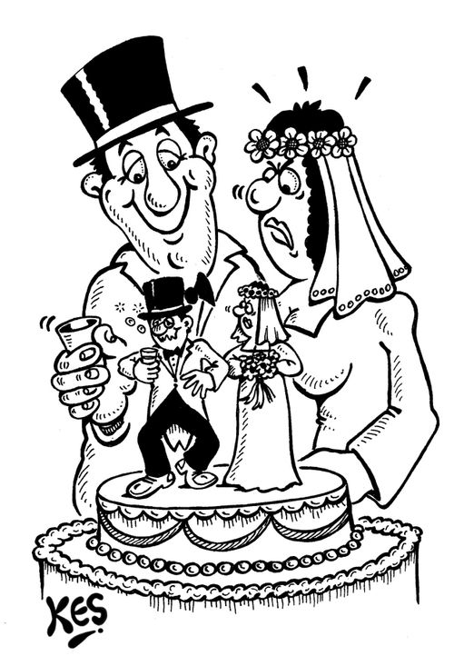 Bride is angry, as she notices that the groom figure on the cake is drunk.